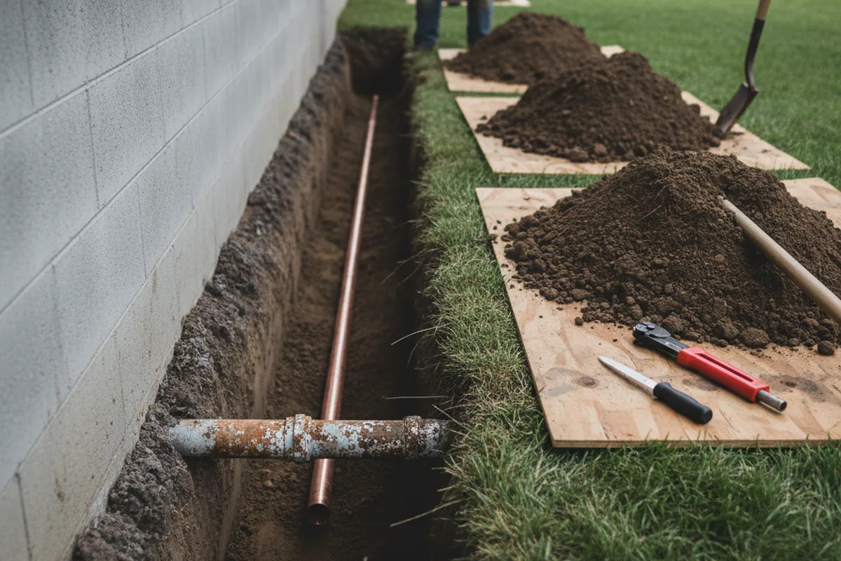 Excavated water line trench during Water Heater Repair in Culloden